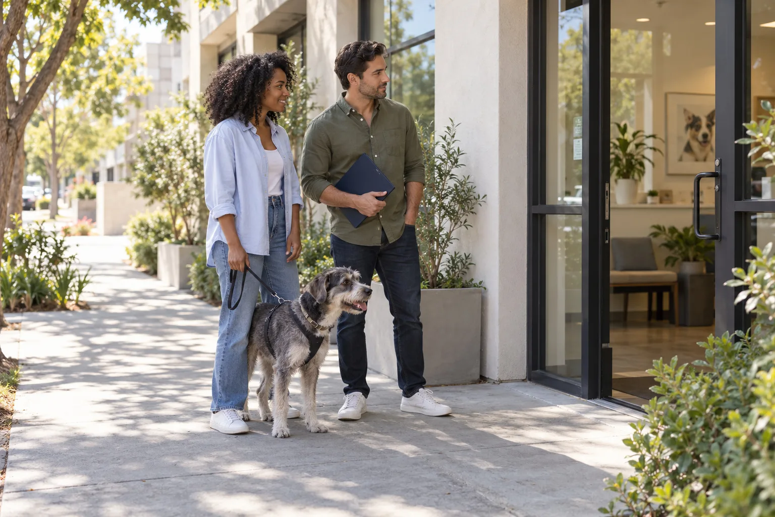 Two owners and a gray dog outside an unbranded urban veterinary clinic